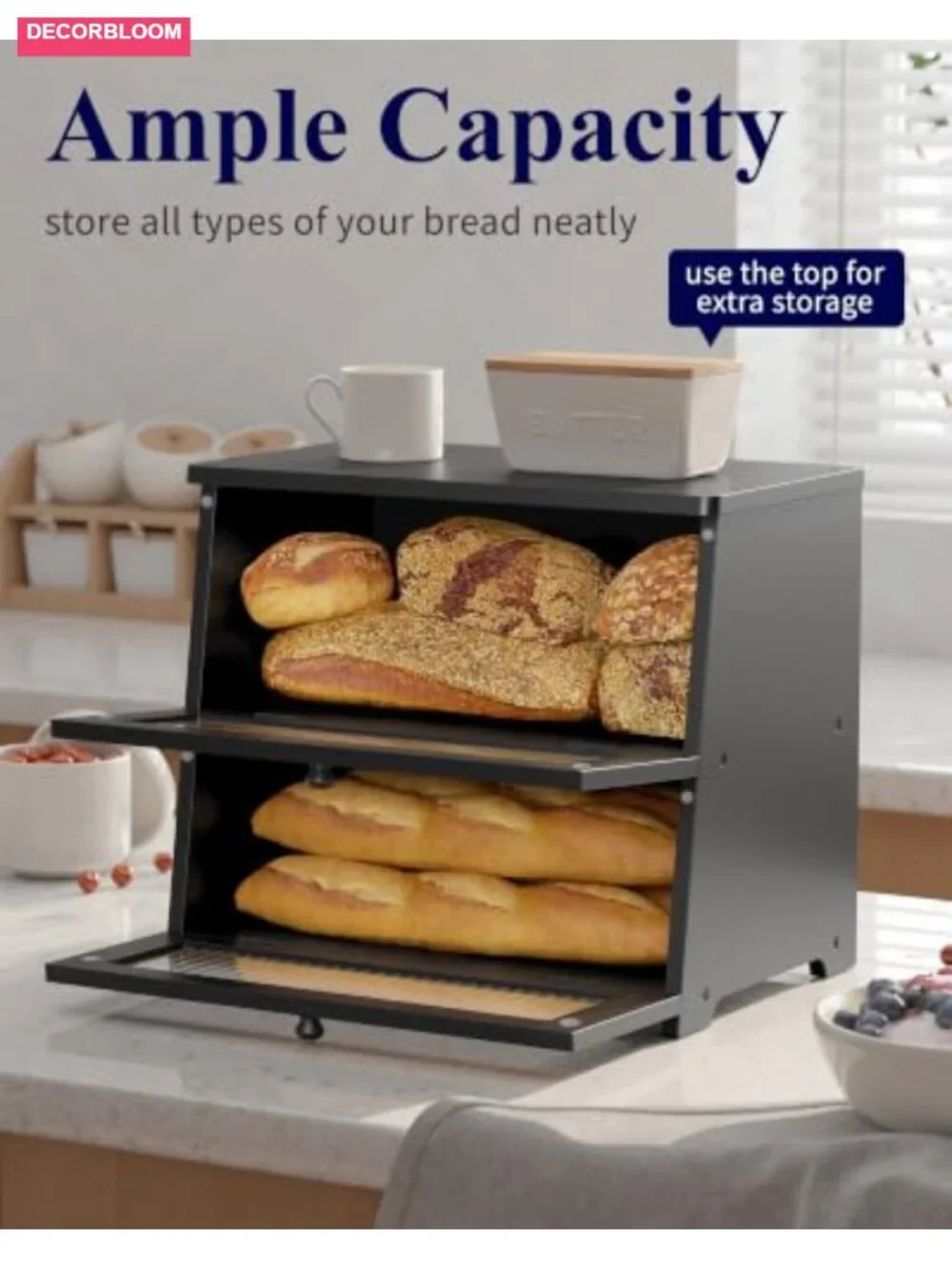 2-Tier Wooden Bread Box for Kitchen Countertop with Magnetic Door